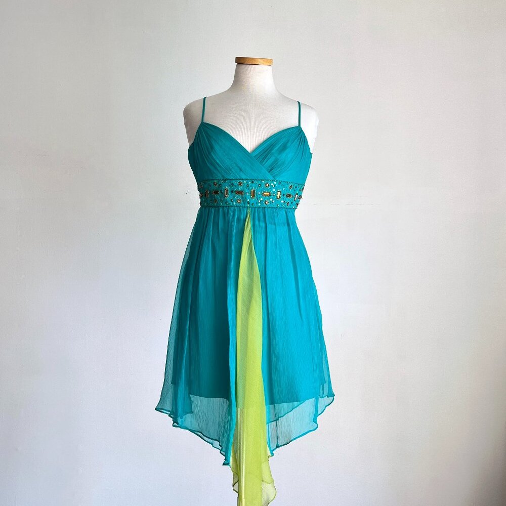 Vintage Y2K Laundry By Shelli Segal Teal Beaded Silk Chiffon Fairy Dress Size 4